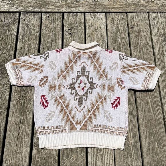 Vintage Southwestern Knit Cream Short Sleeve Collared Sweater Size Medium - Picture 7 of 10